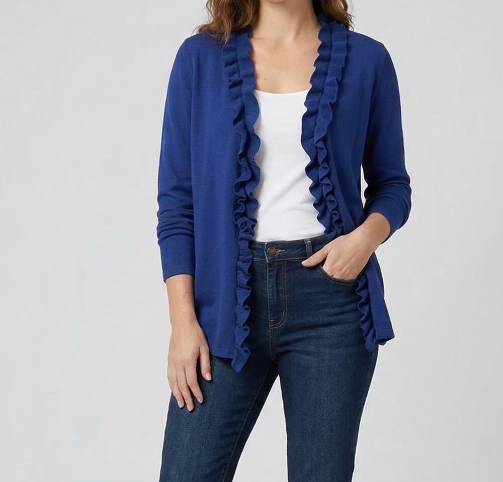 Charter Club 1X Womens Navy Blue Cardigan Sweater Ruffle Trim